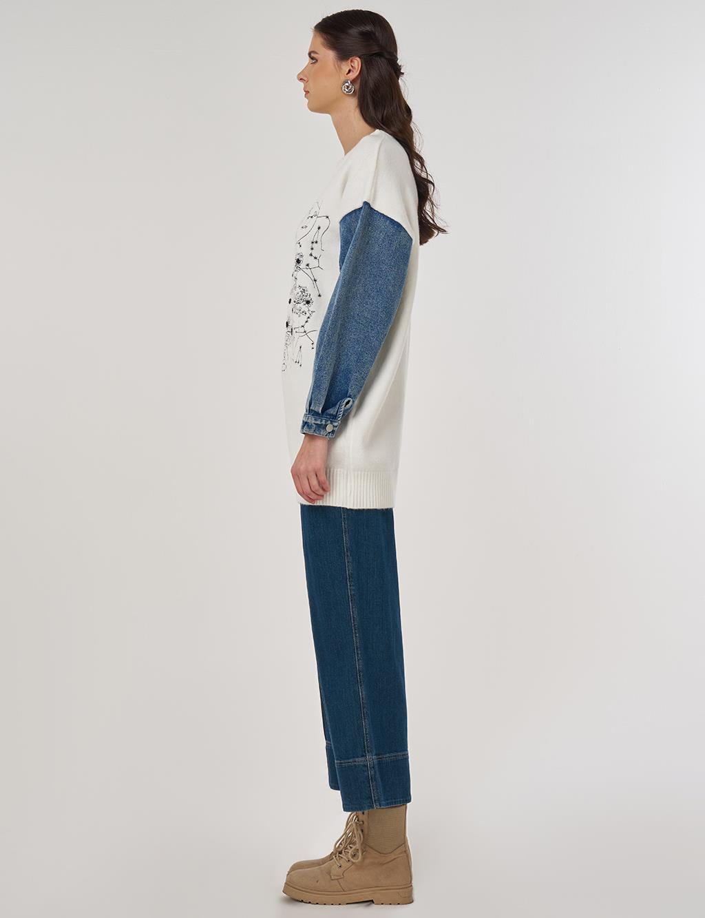 Denim Garnili Triko Tunik Ekru