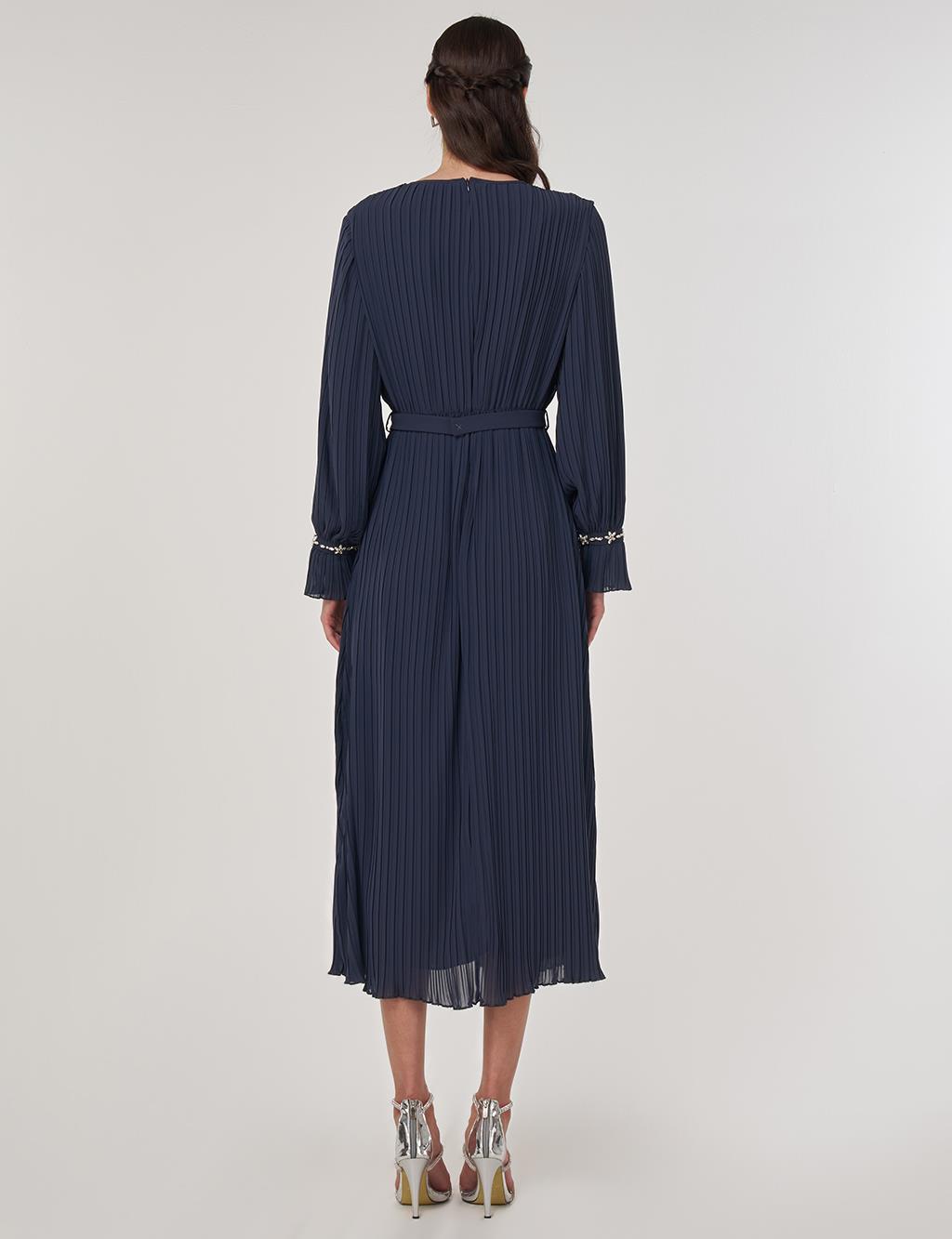 Stone-Embellished Elegant Dress in Anthracite