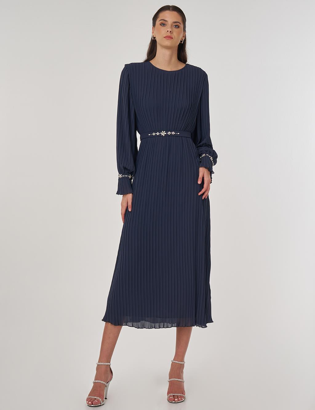 Stone-Embellished Elegant Dress in Anthracite