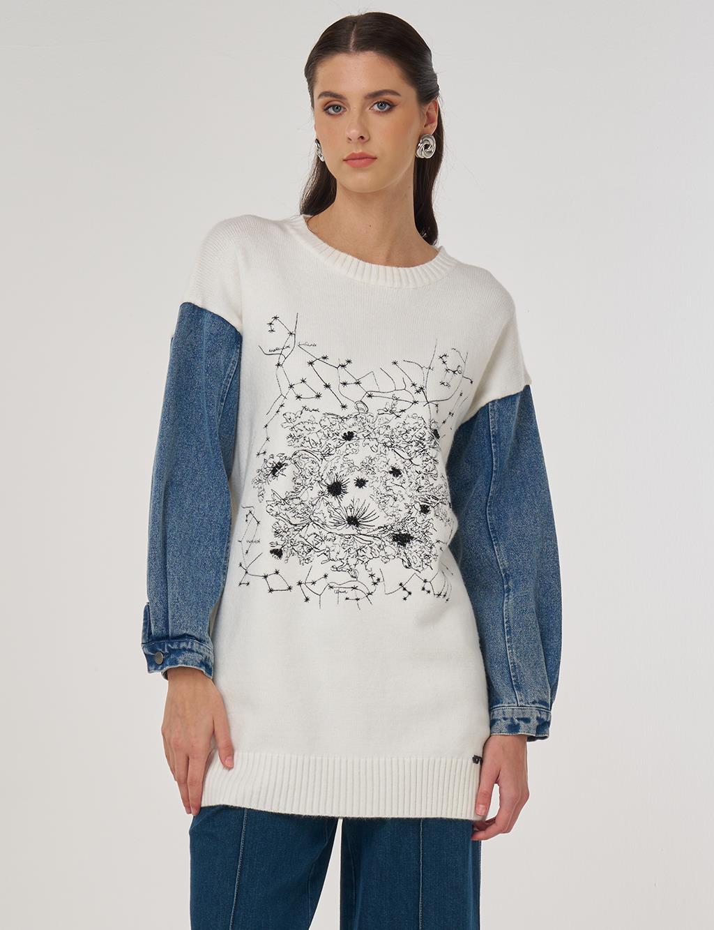 Denim Garnili Triko Tunik Ekru