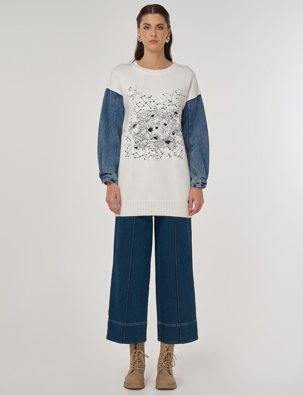 Denim Garnili Triko Tunik Ekru