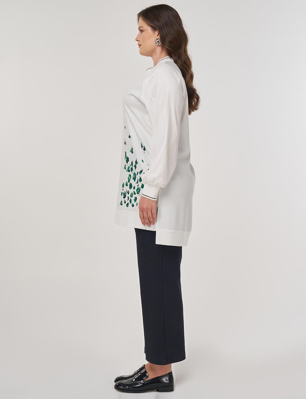 Viscose Tunic with Printed Details in Ecru