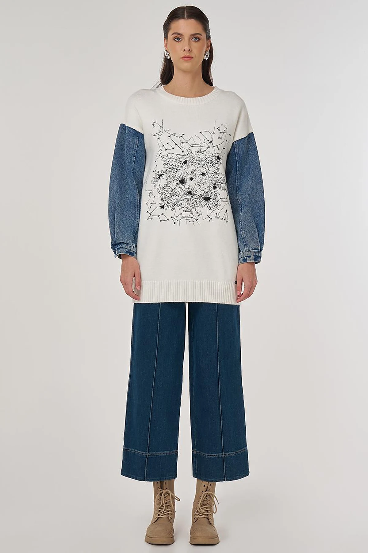 Denim Garnished Knit Tunic in Ecru