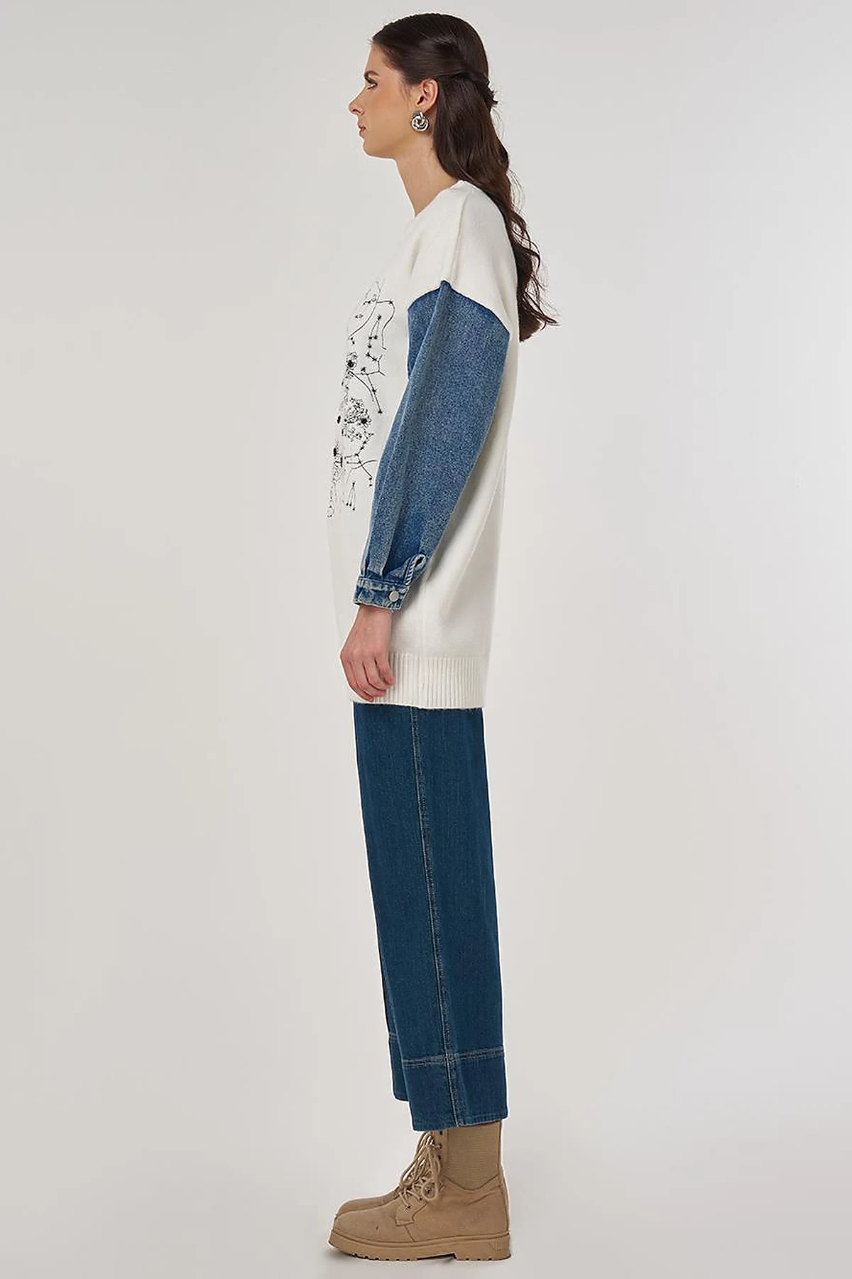 Denim Garnished Knit Tunic in Ecru