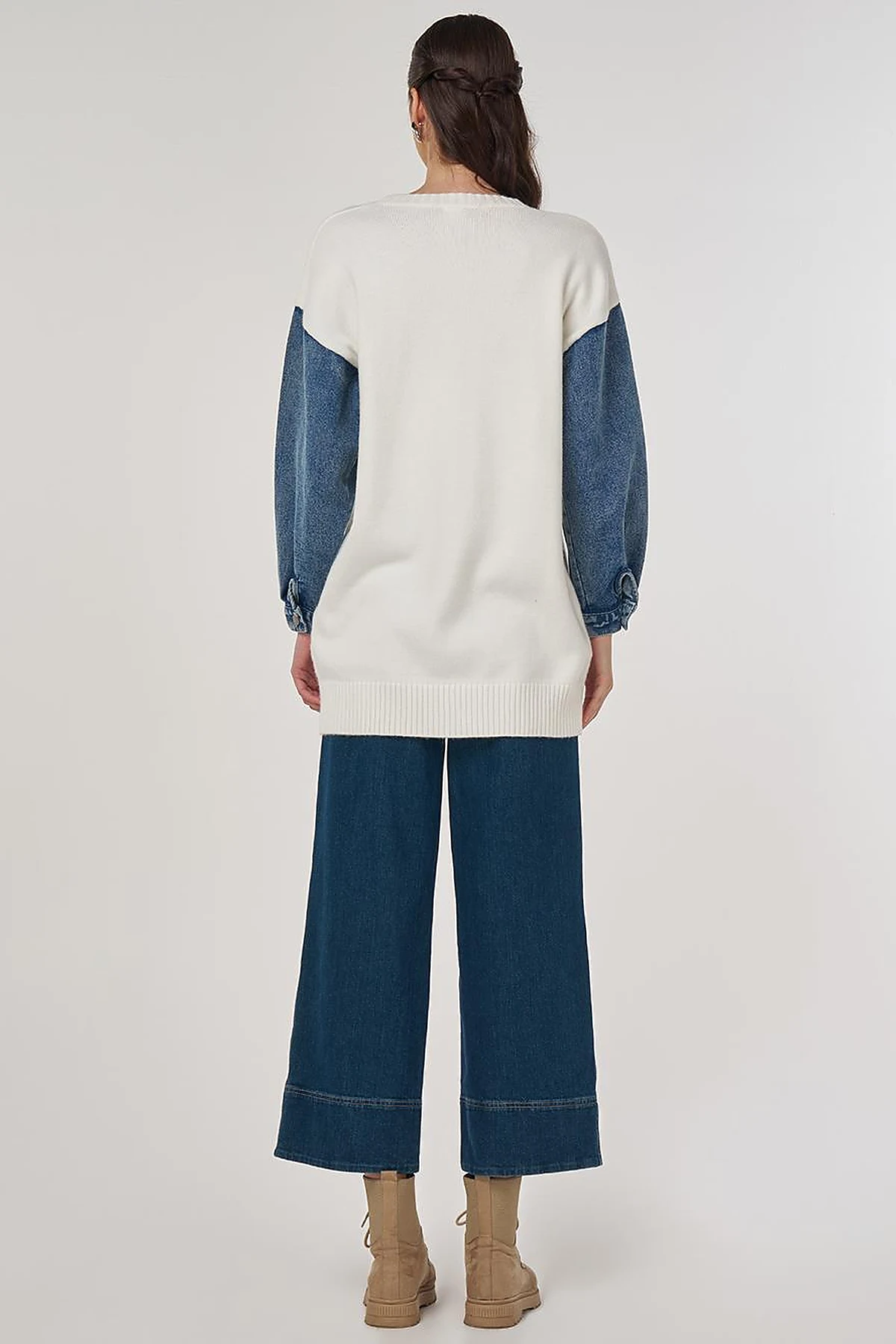 Denim Garnished Knit Tunic in Ecru