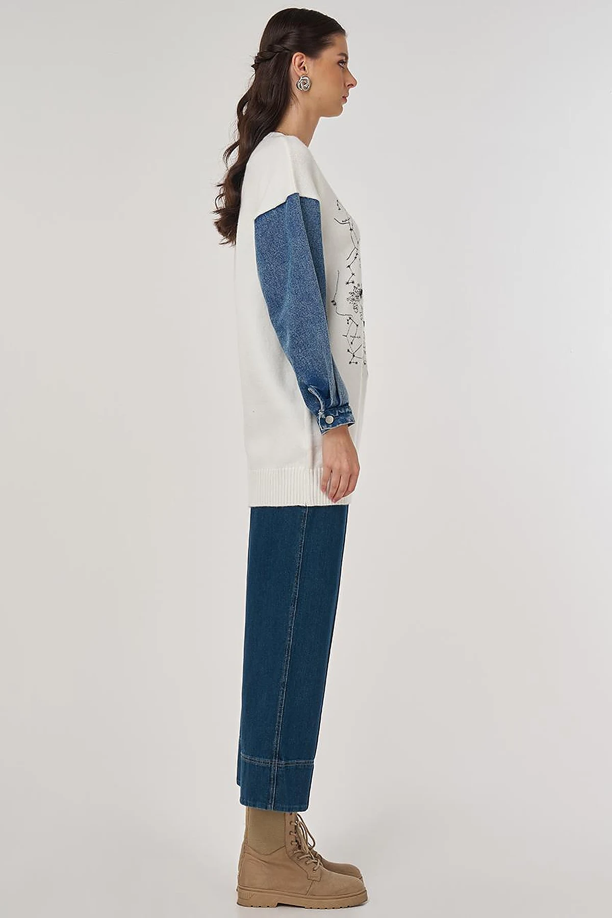 Denim Garnished Knit Tunic in Ecru