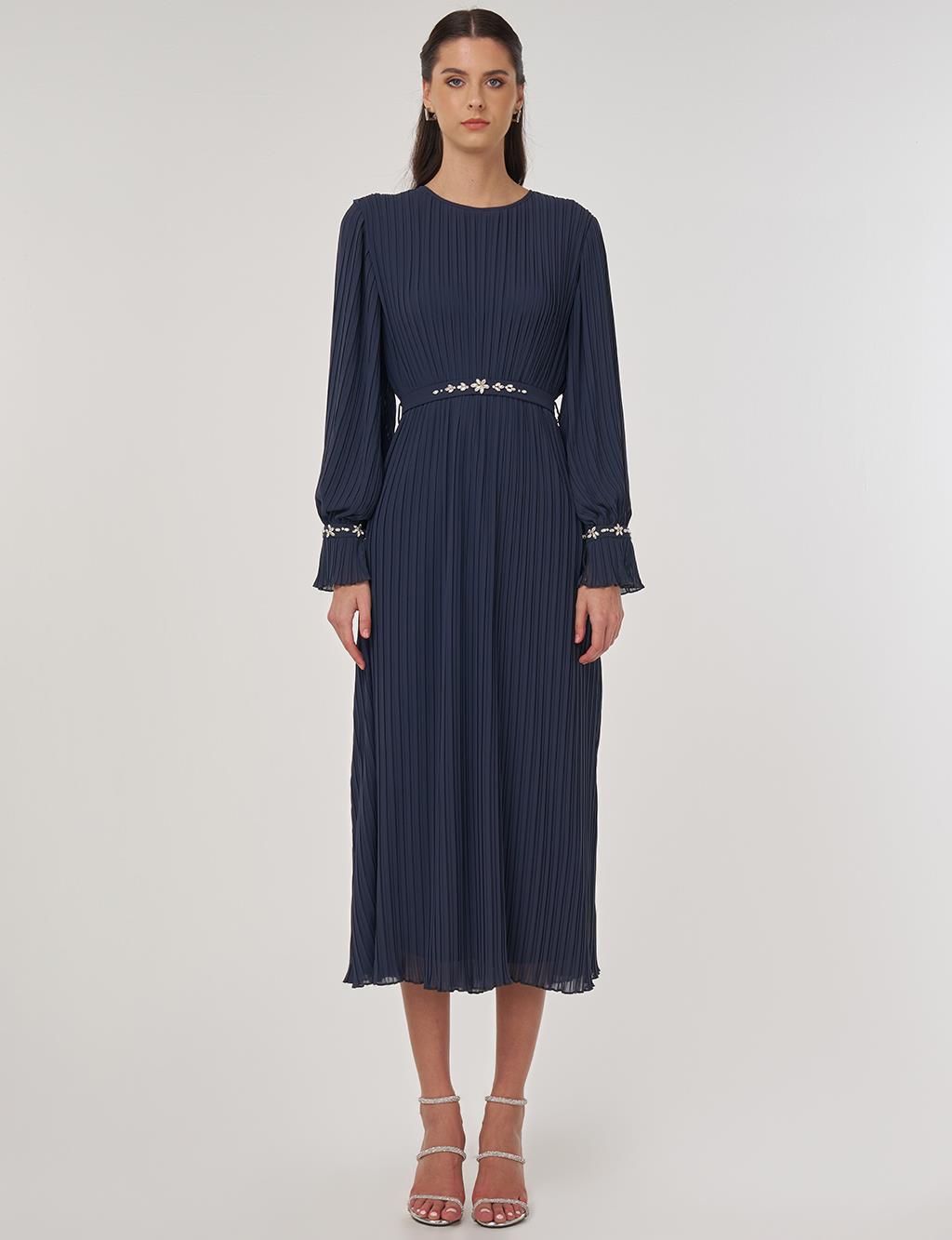 Stone-Embellished Elegant Dress in Anthracite