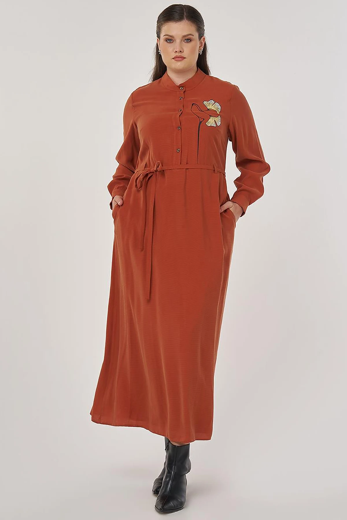 Floral Printed Rayon Dress in Brick Red