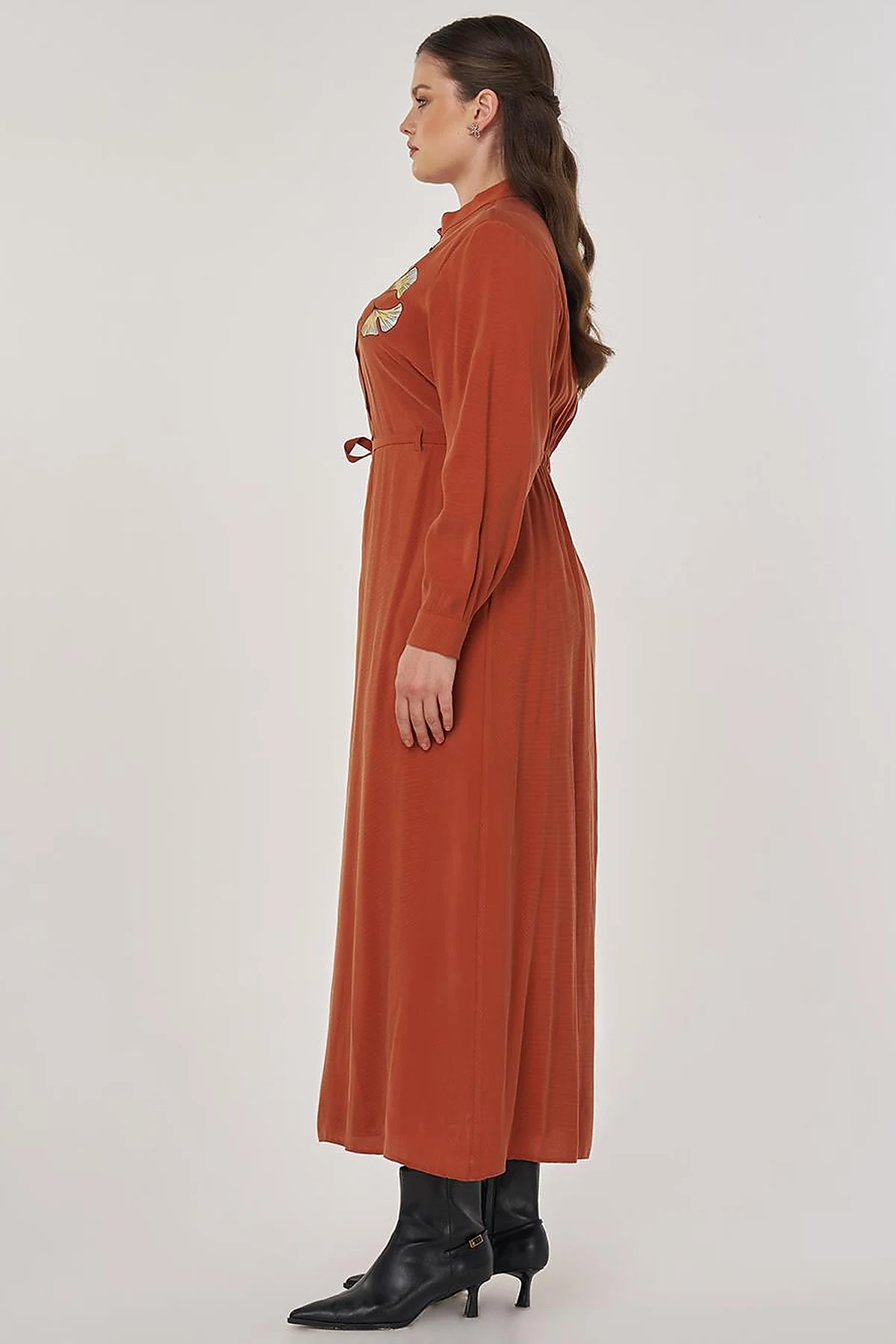 Floral Printed Rayon Dress in Brick Red