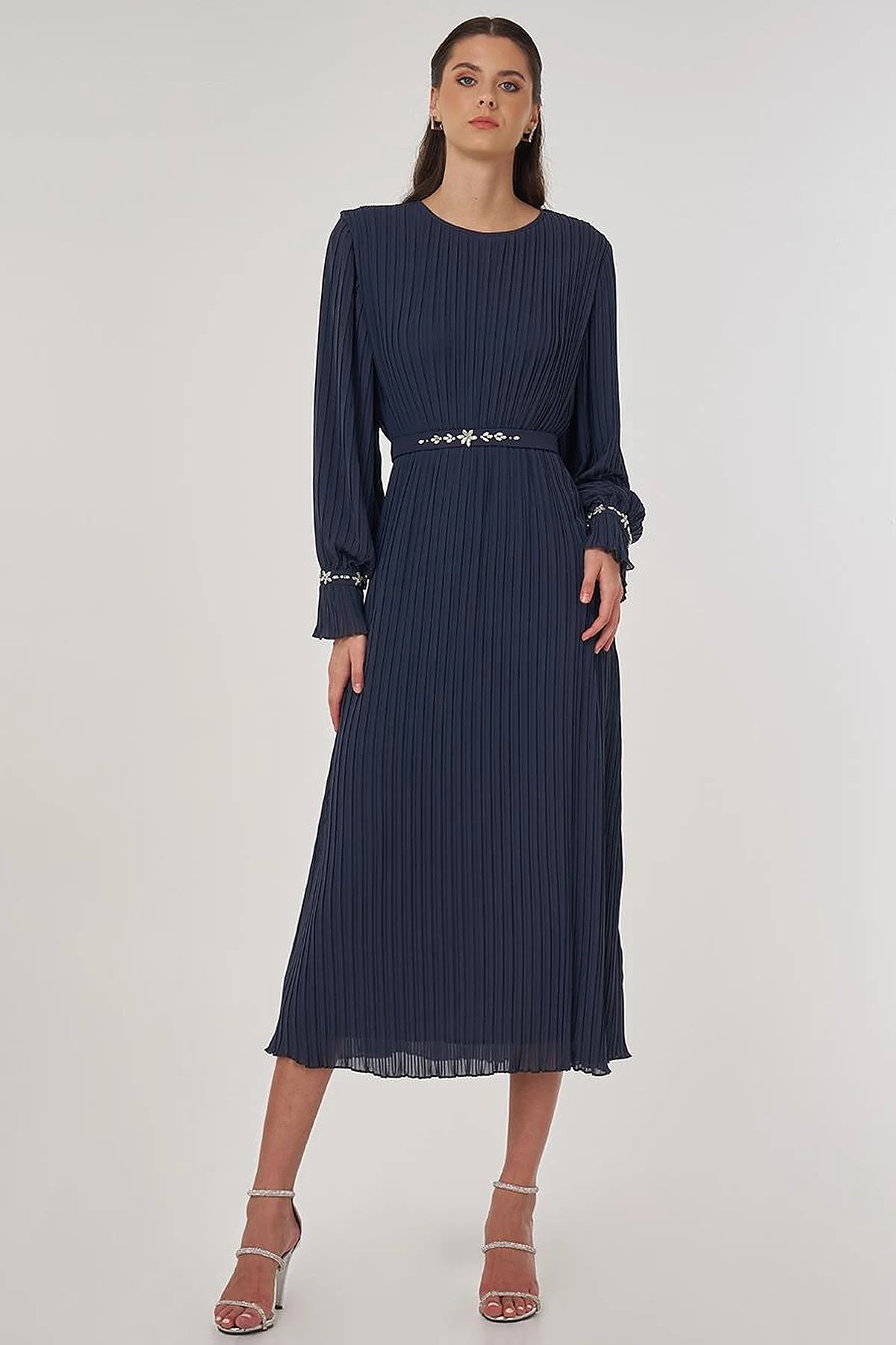 Stone-Embellished Elegant Dress in Anthracite