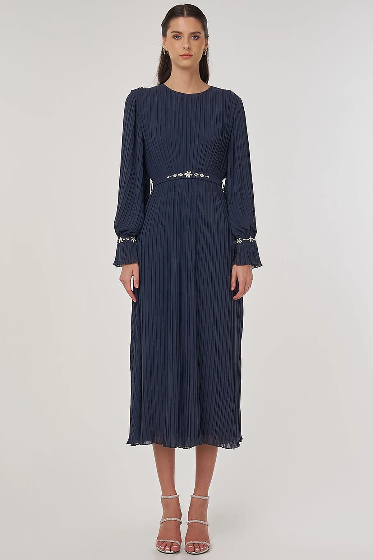 Stone-Embellished Elegant Dress in Anthracite
