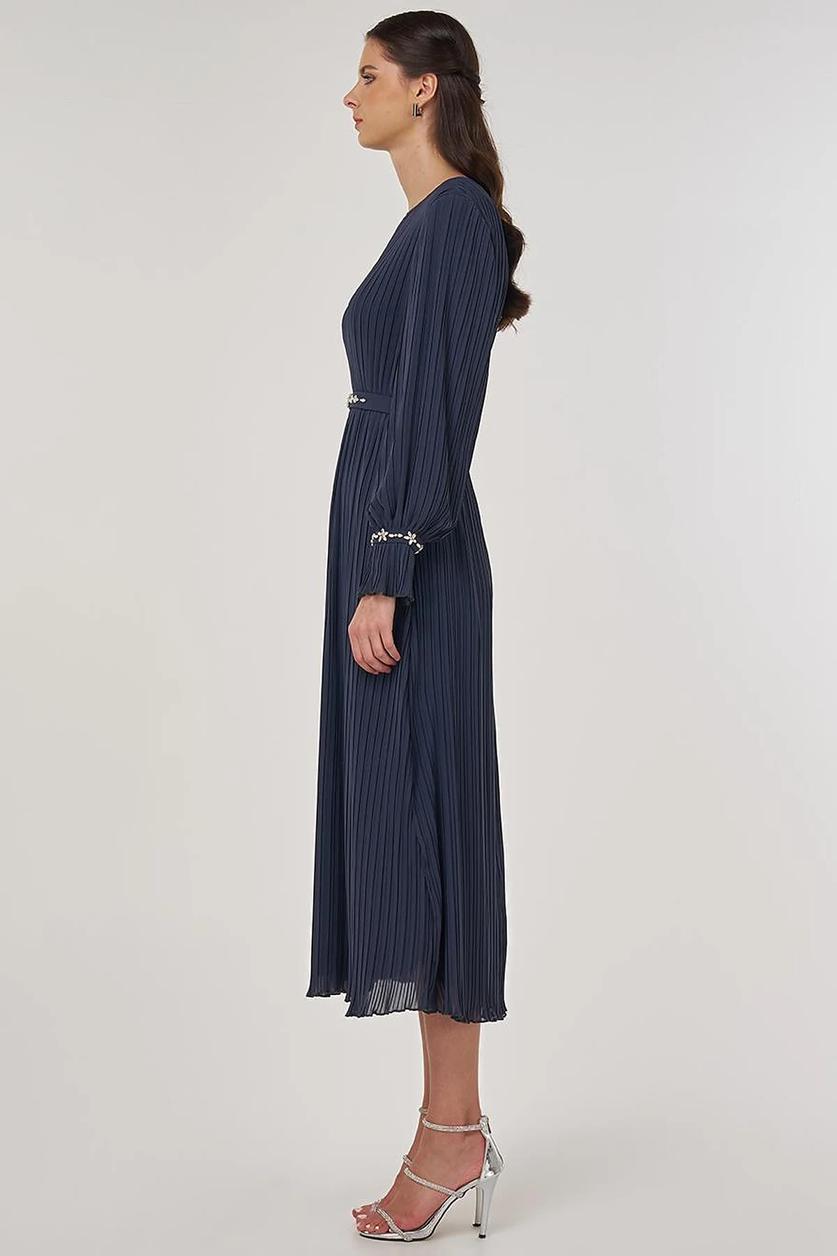 Stone-Embellished Elegant Dress in Anthracite