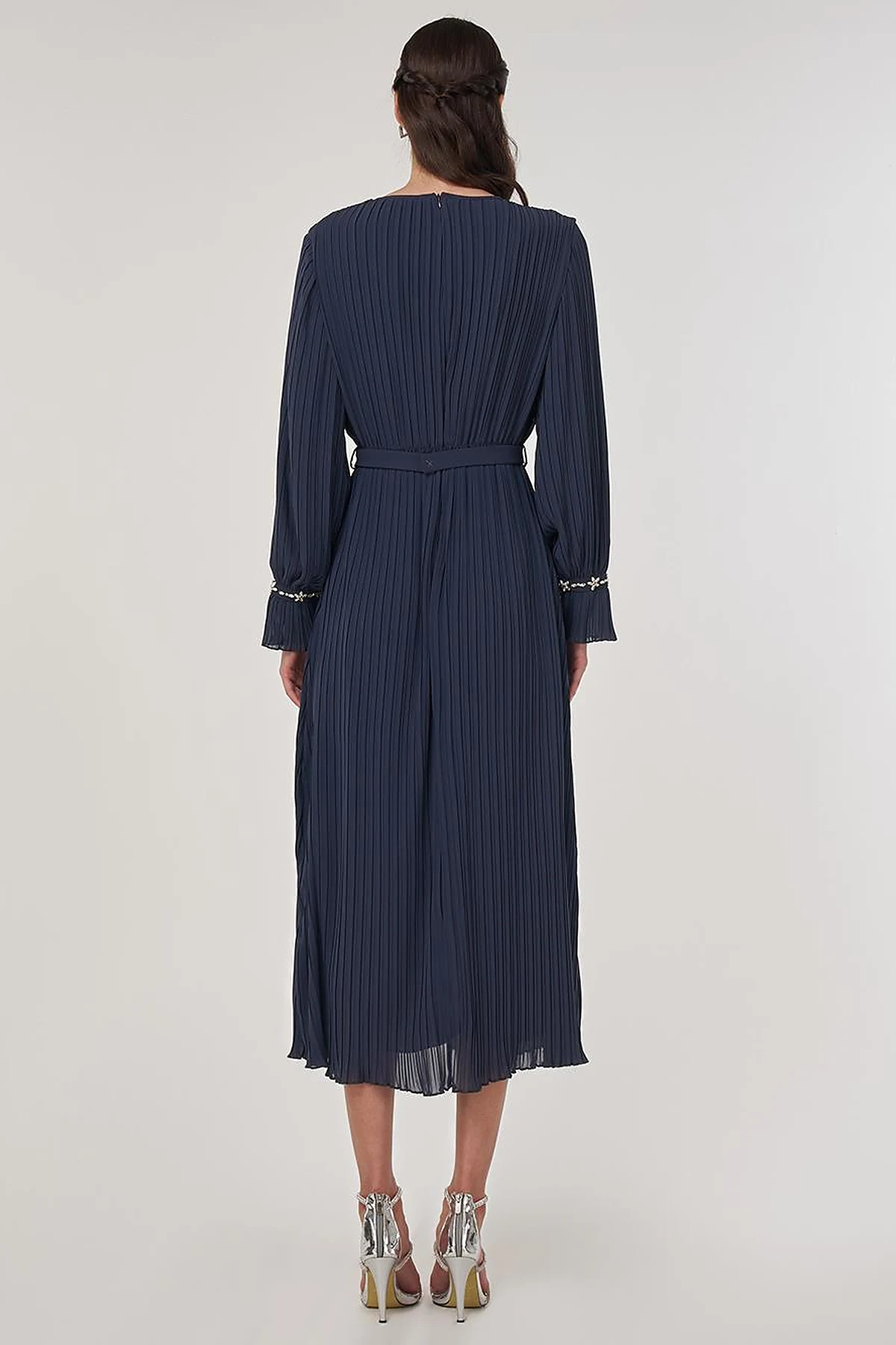 Stone-Embellished Elegant Dress in Anthracite