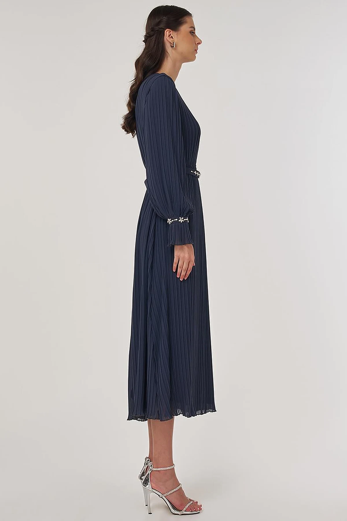 Stone-Embellished Elegant Dress in Anthracite