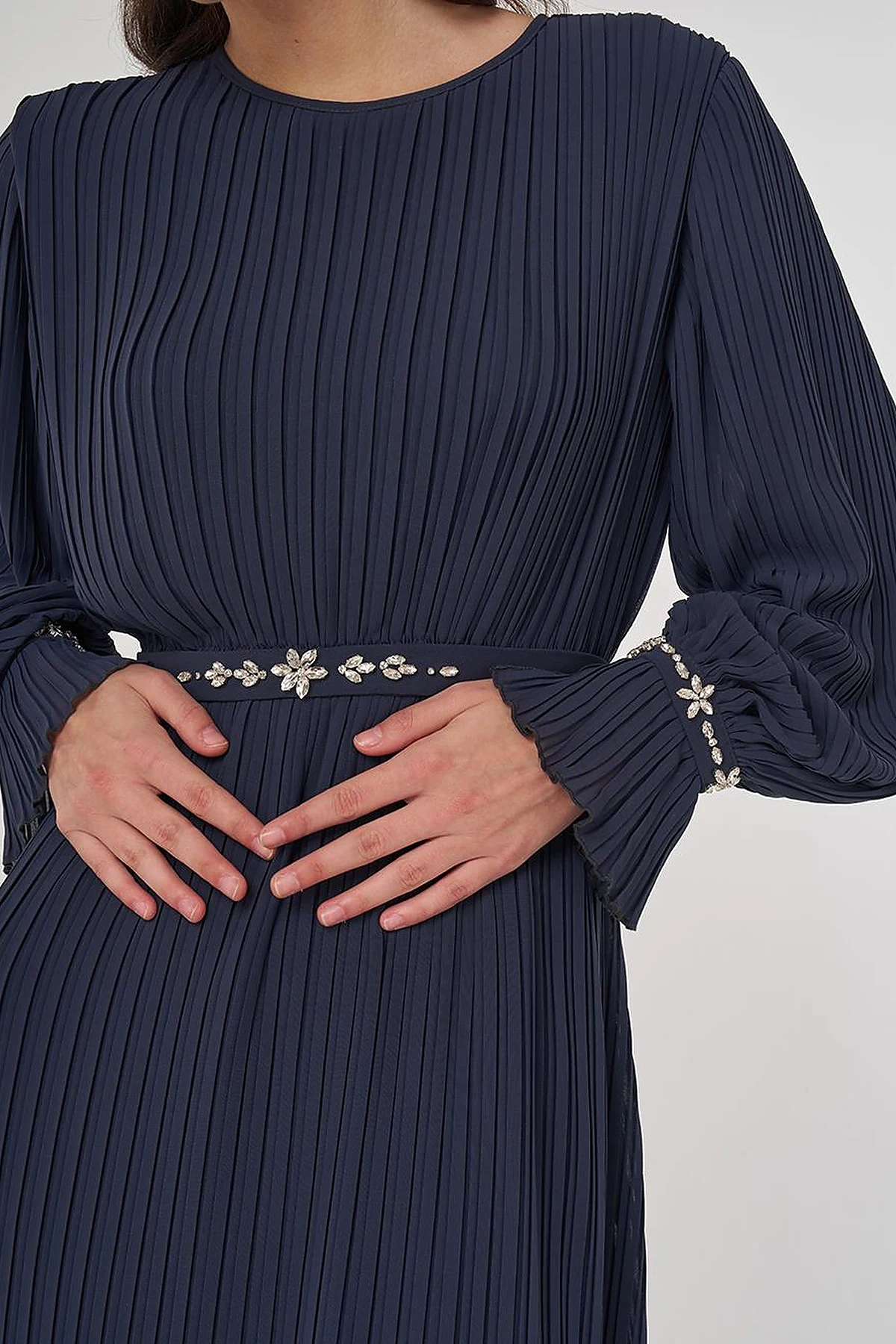 Stone-Embellished Elegant Dress in Anthracite