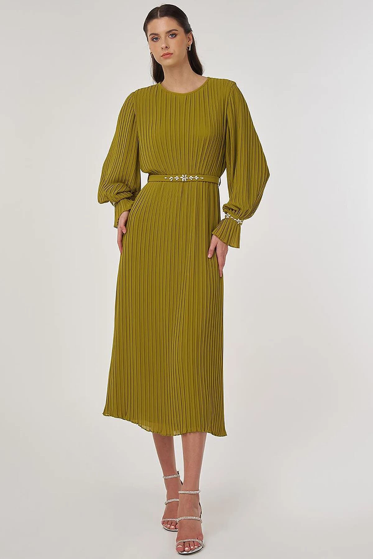 Stone-Embellished Elegant Dress in Pistachio Green