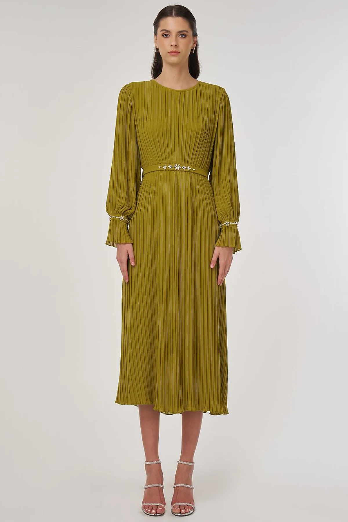 Stone-Embellished Elegant Dress in Pistachio Green