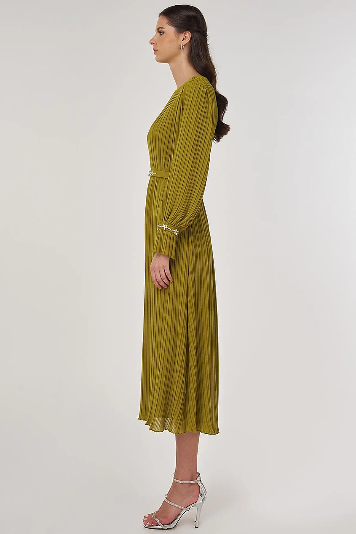 Stone-Embellished Elegant Dress in Pistachio Green