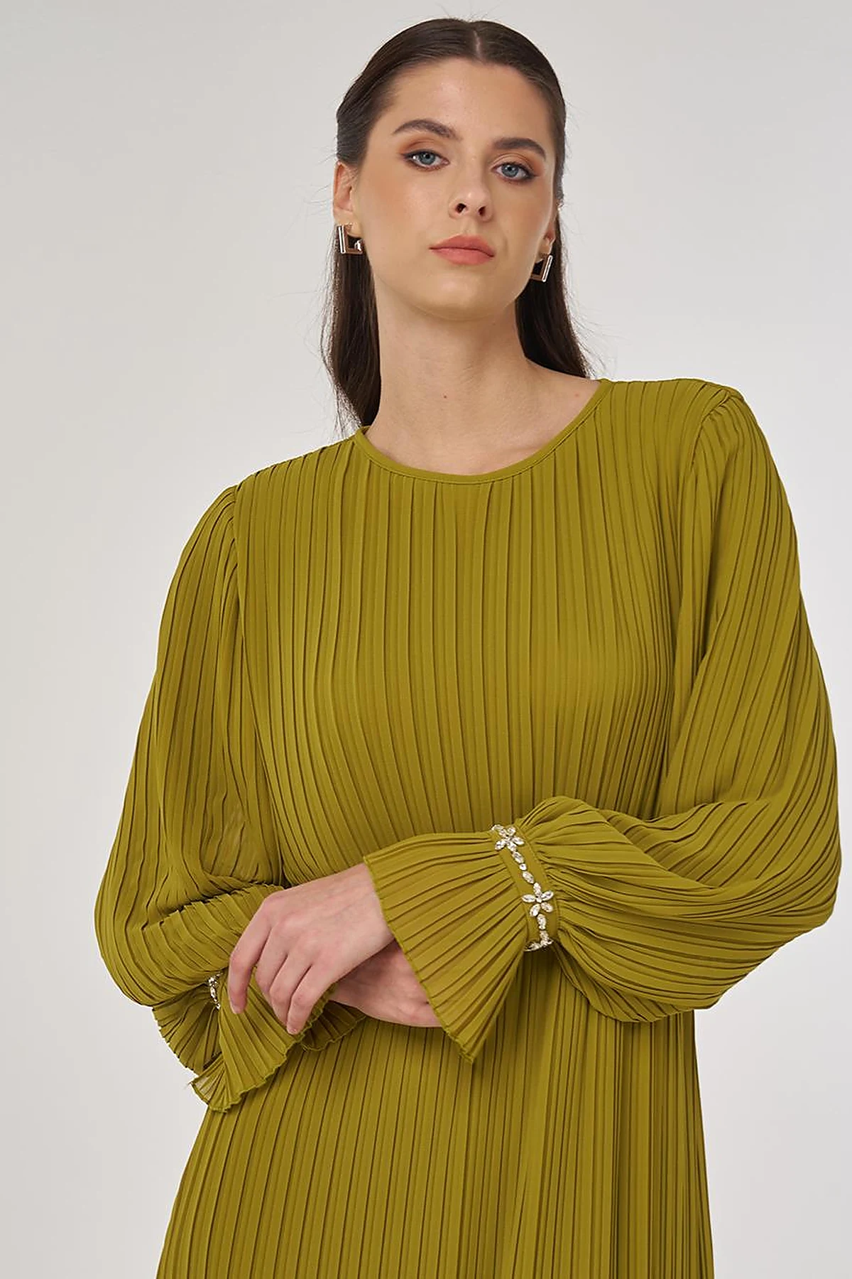 Stone-Embellished Elegant Dress in Pistachio Green