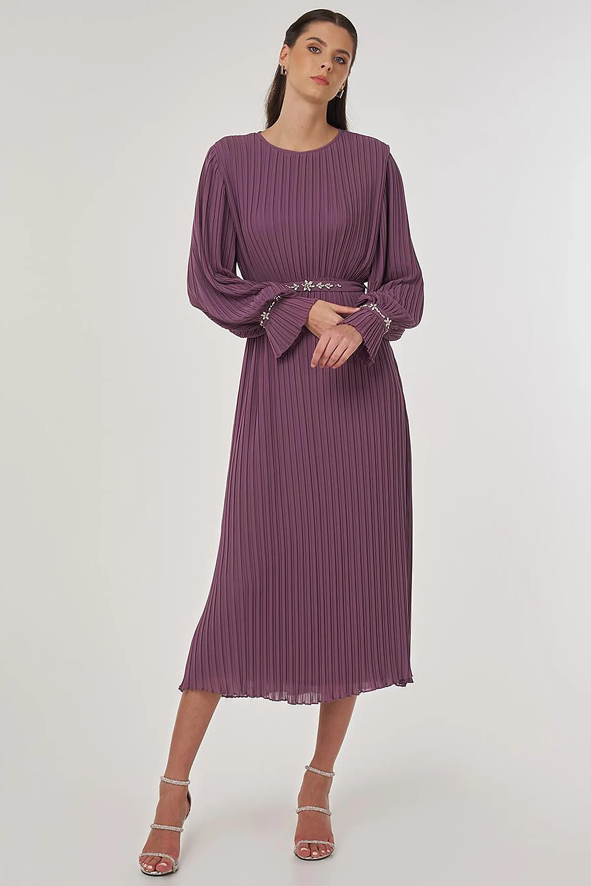 Stone-Embellished Elegant Dress in Lavender