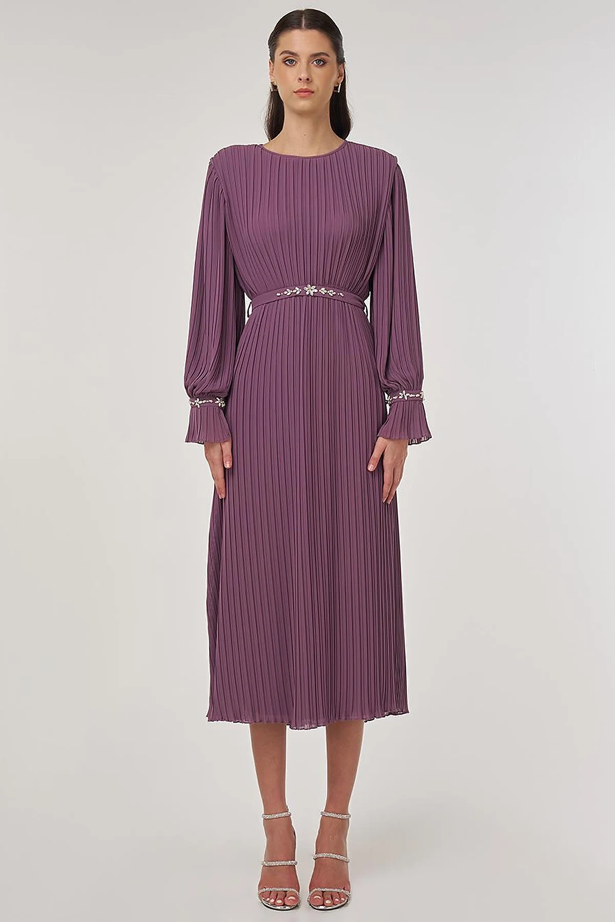 Stone-Embellished Elegant Dress in Lavender