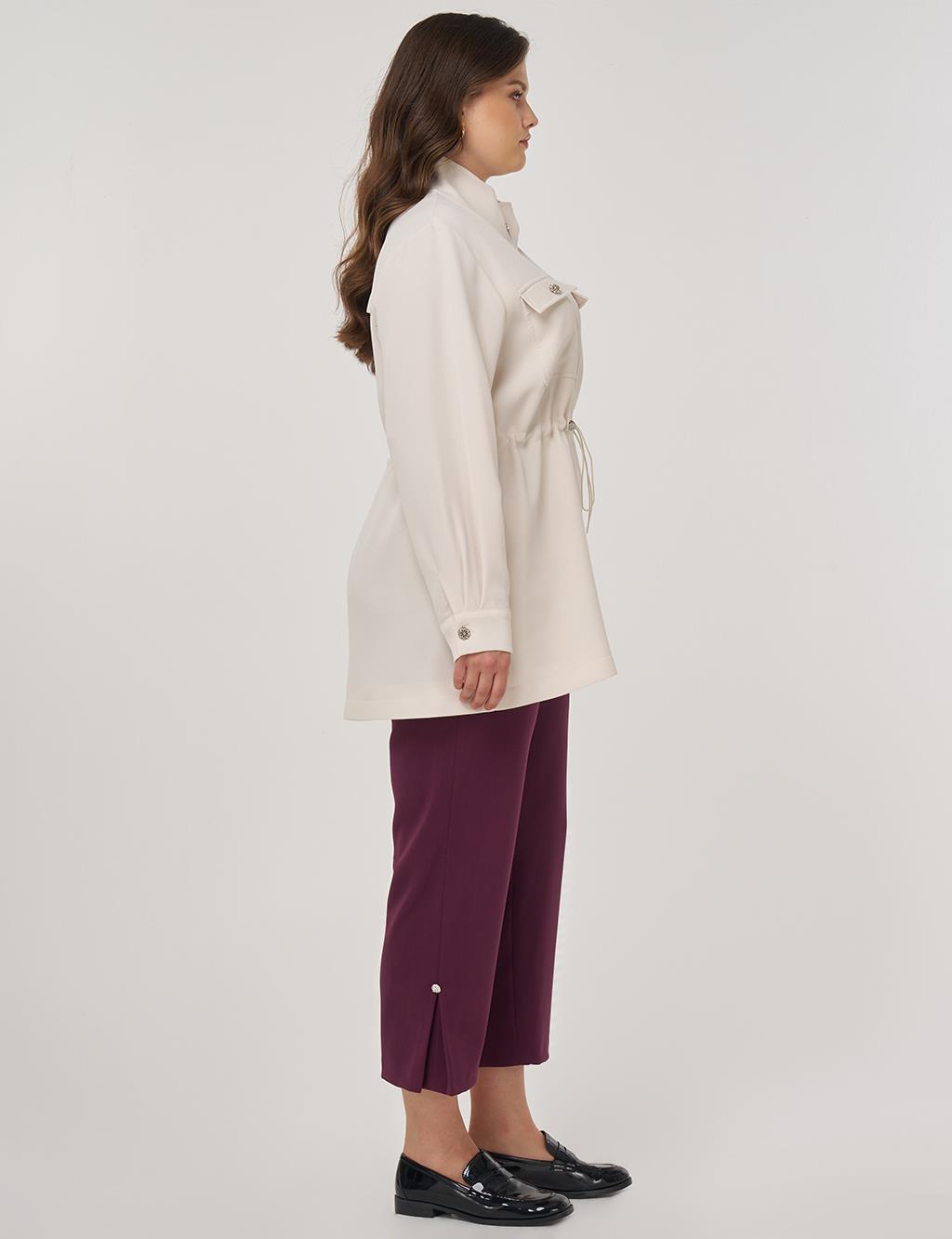 Elastic Waist Stand-Up Collar Jacket in Cream