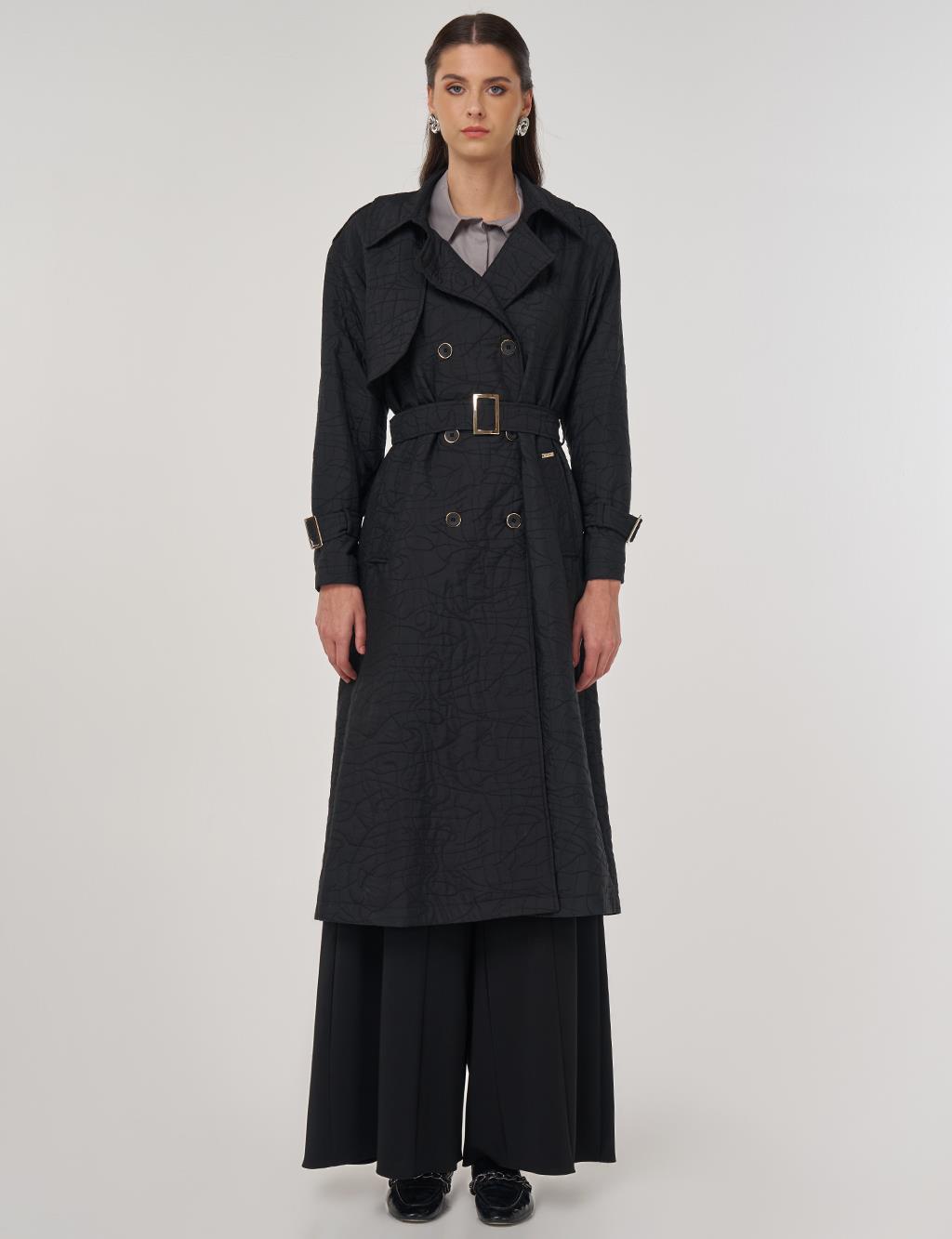 Embossed Epaulette Trench Coat in Black