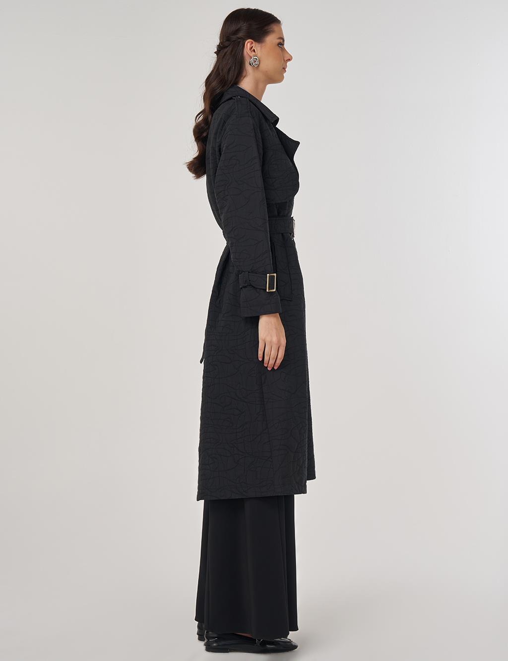 Embossed Epaulette Trench Coat in Black