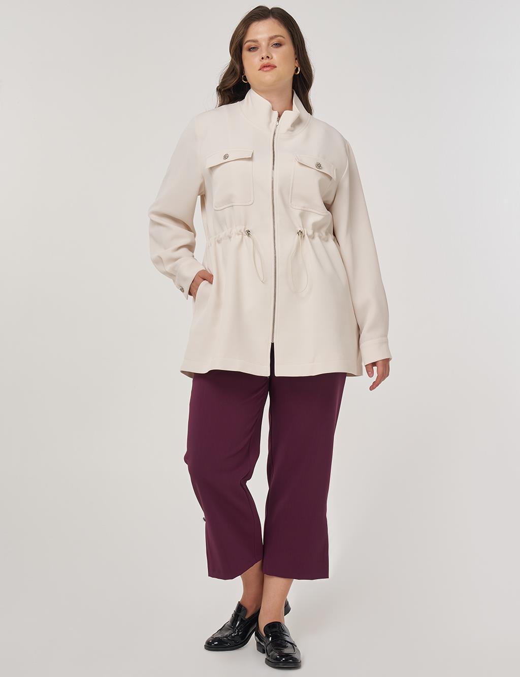 Elastic Waist Stand-Up Collar Jacket in Cream