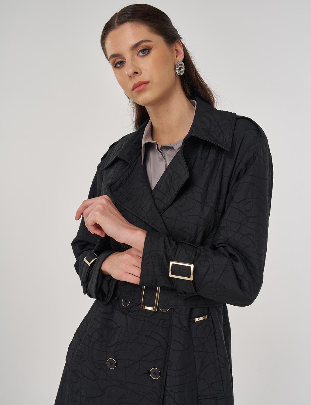 Embossed Epaulette Trench Coat in Black