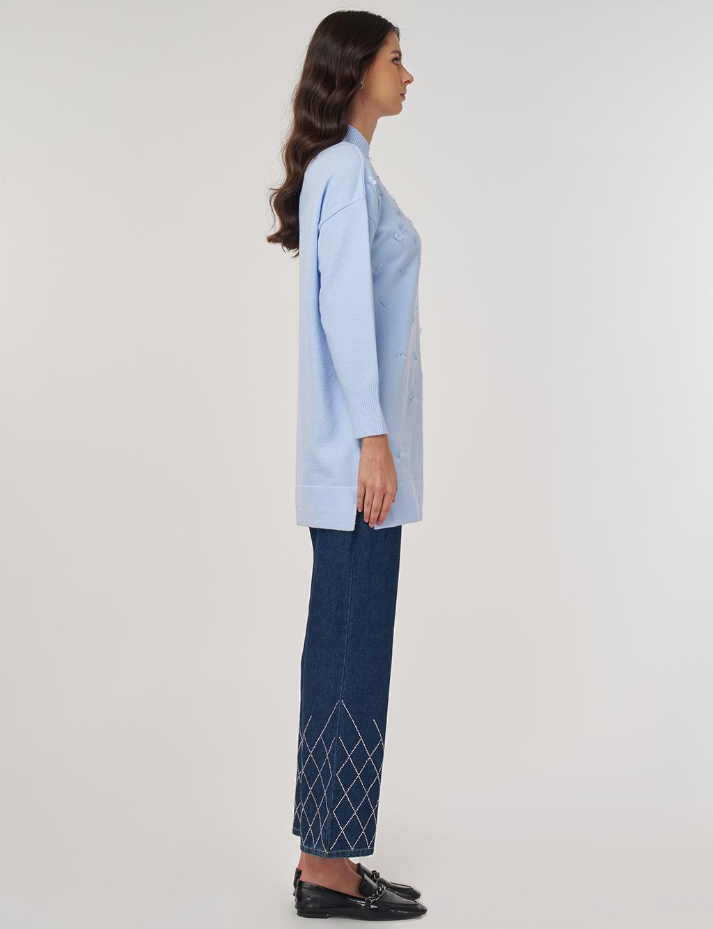 Floral Appliquéd Knit Tunic in Light Blue