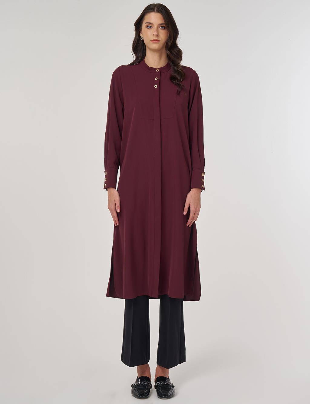 Button-Detail Long Tunic Burgundy