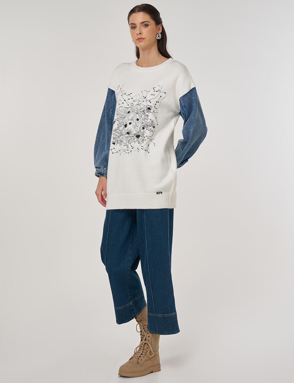 Denim Garnili Triko Tunik Ekru