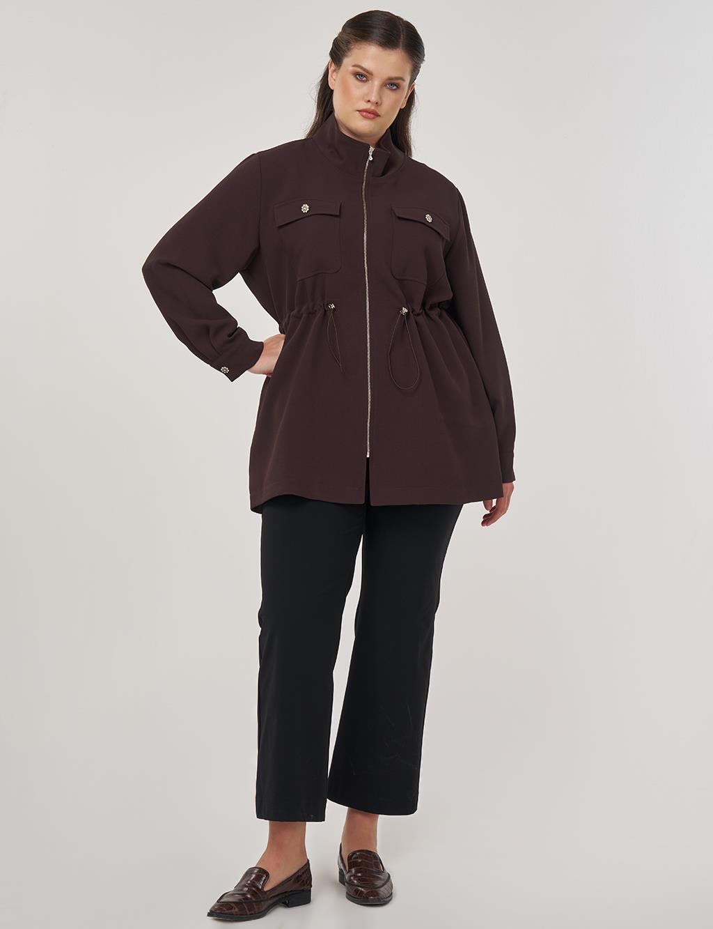 Elastic Waist Stand-Up Collar Jacket in Dark Brown