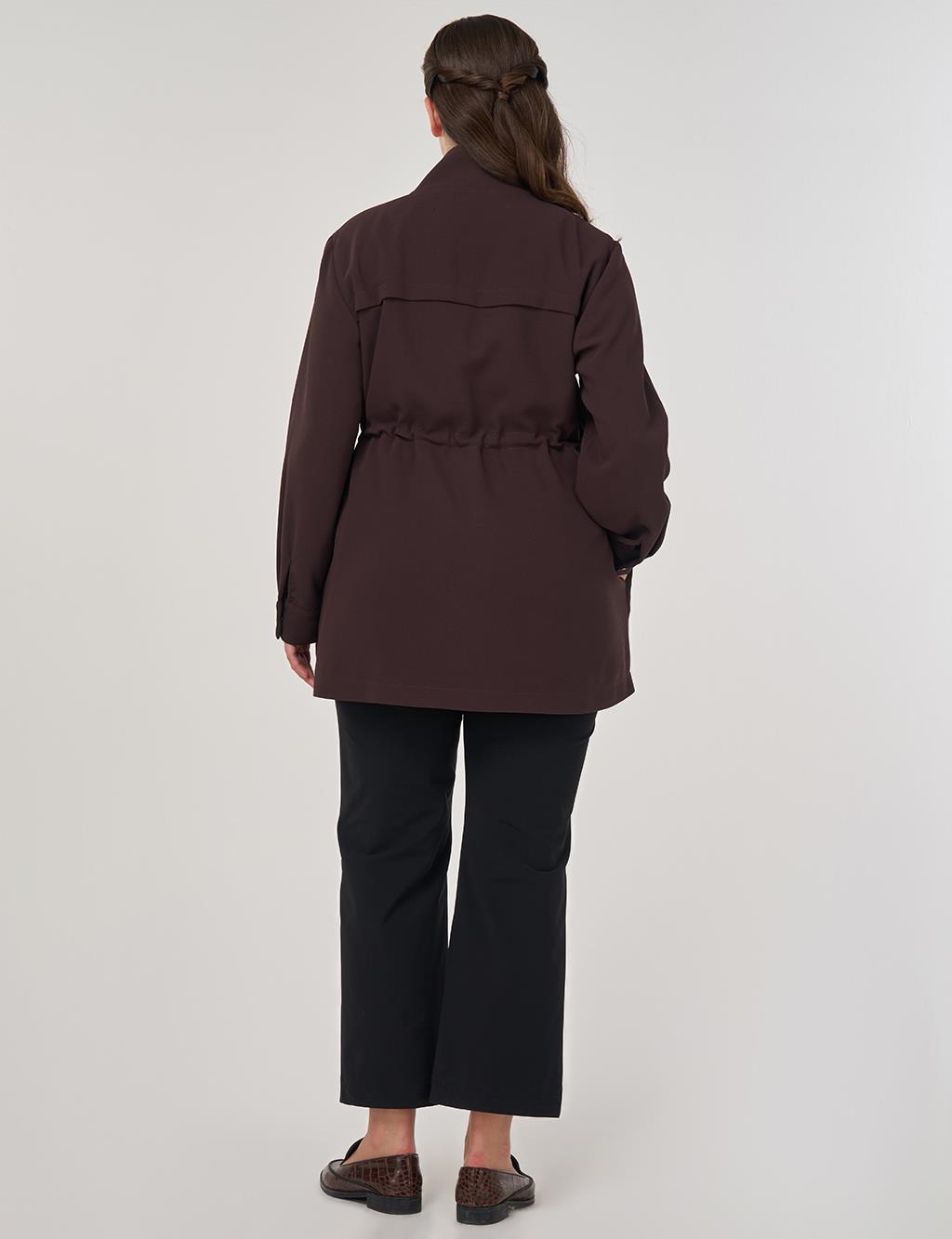 Elastic Waist Stand-Up Collar Jacket in Dark Brown
