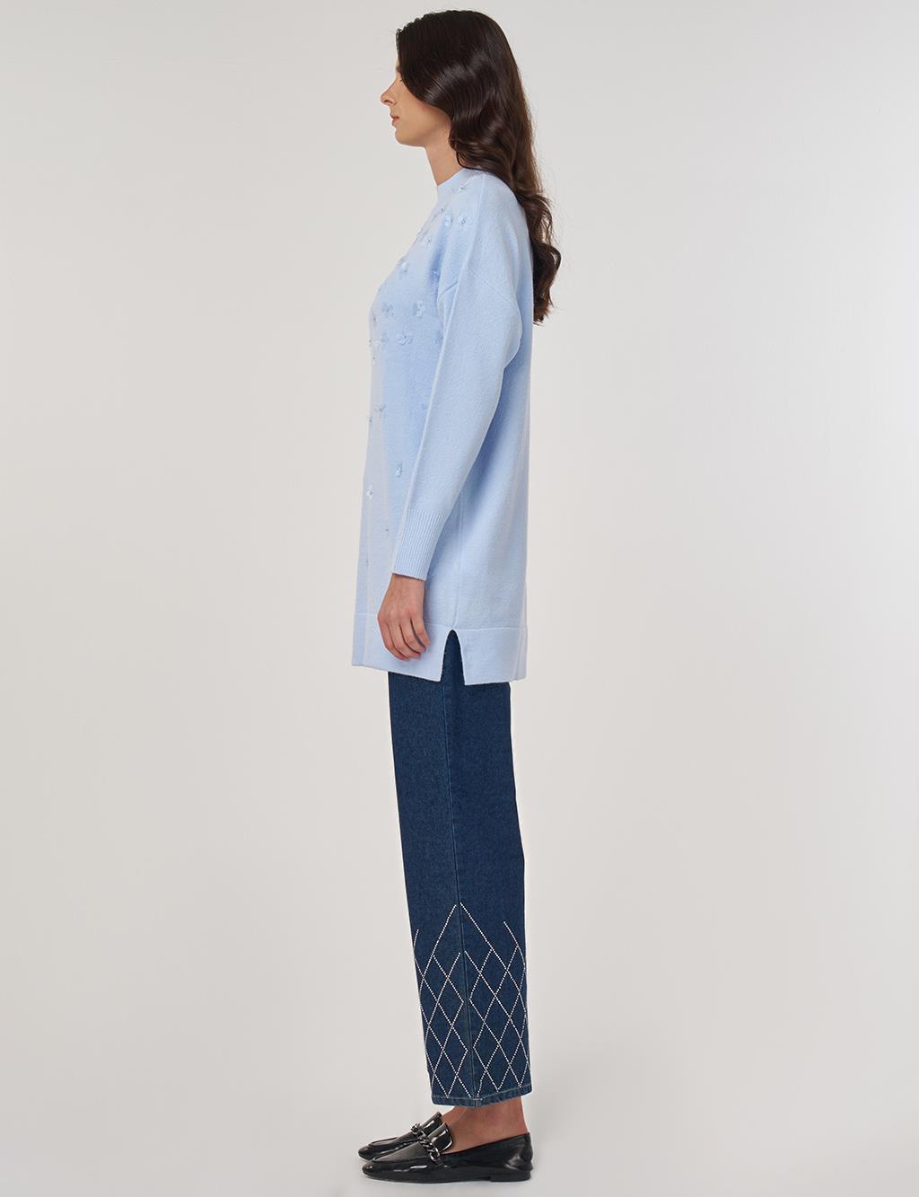 Floral Appliquéd Knit Tunic in Light Blue