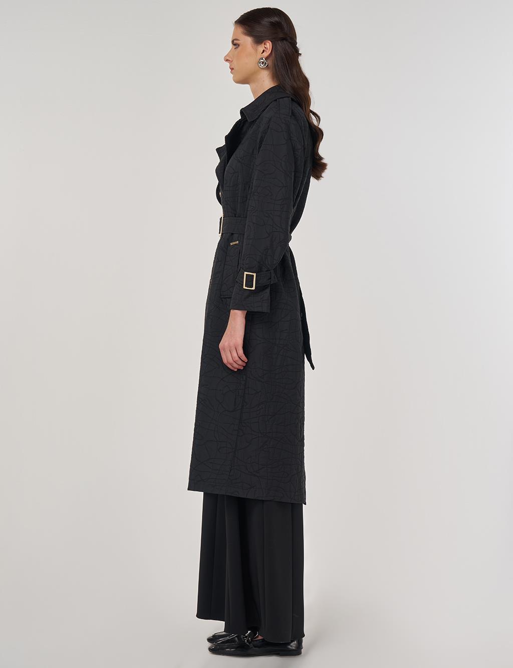 Embossed Epaulette Trench Coat in Black