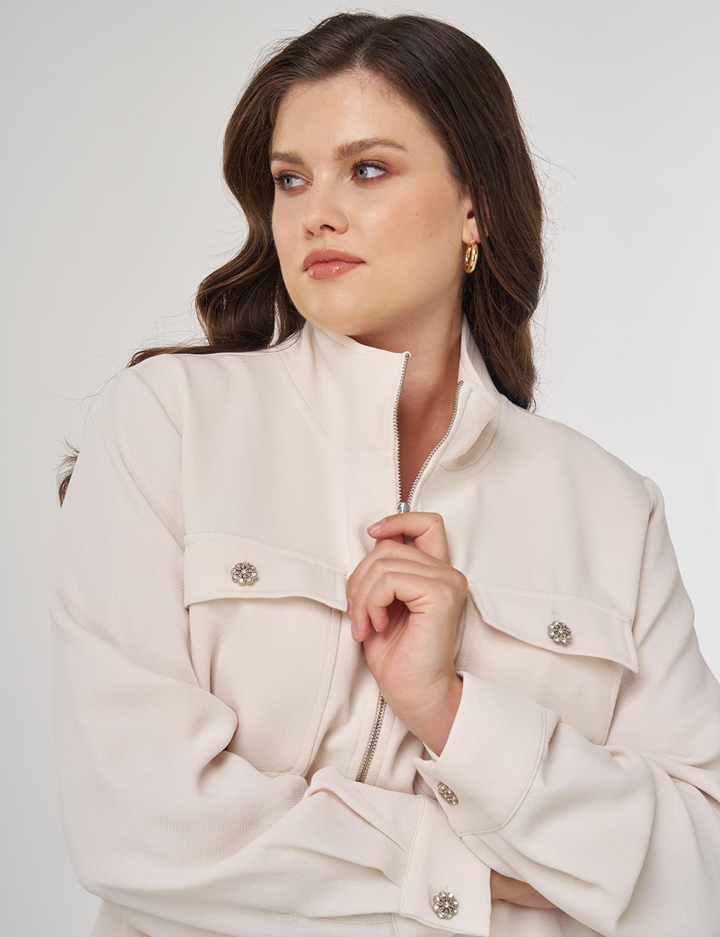 Elastic Waist Stand-Up Collar Jacket in Cream