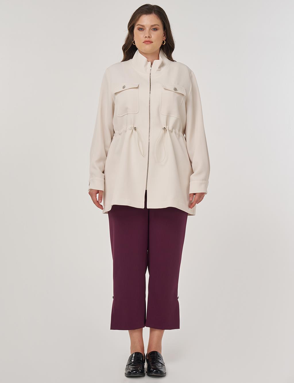 Elastic Waist Stand-Up Collar Jacket in Cream