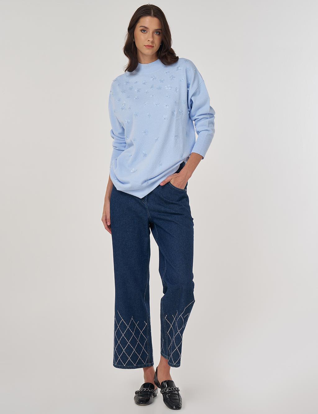 Floral Appliquéd Knit Tunic in Light Blue