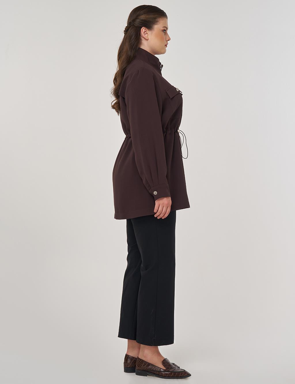 Elastic Waist Stand-Up Collar Jacket in Dark Brown