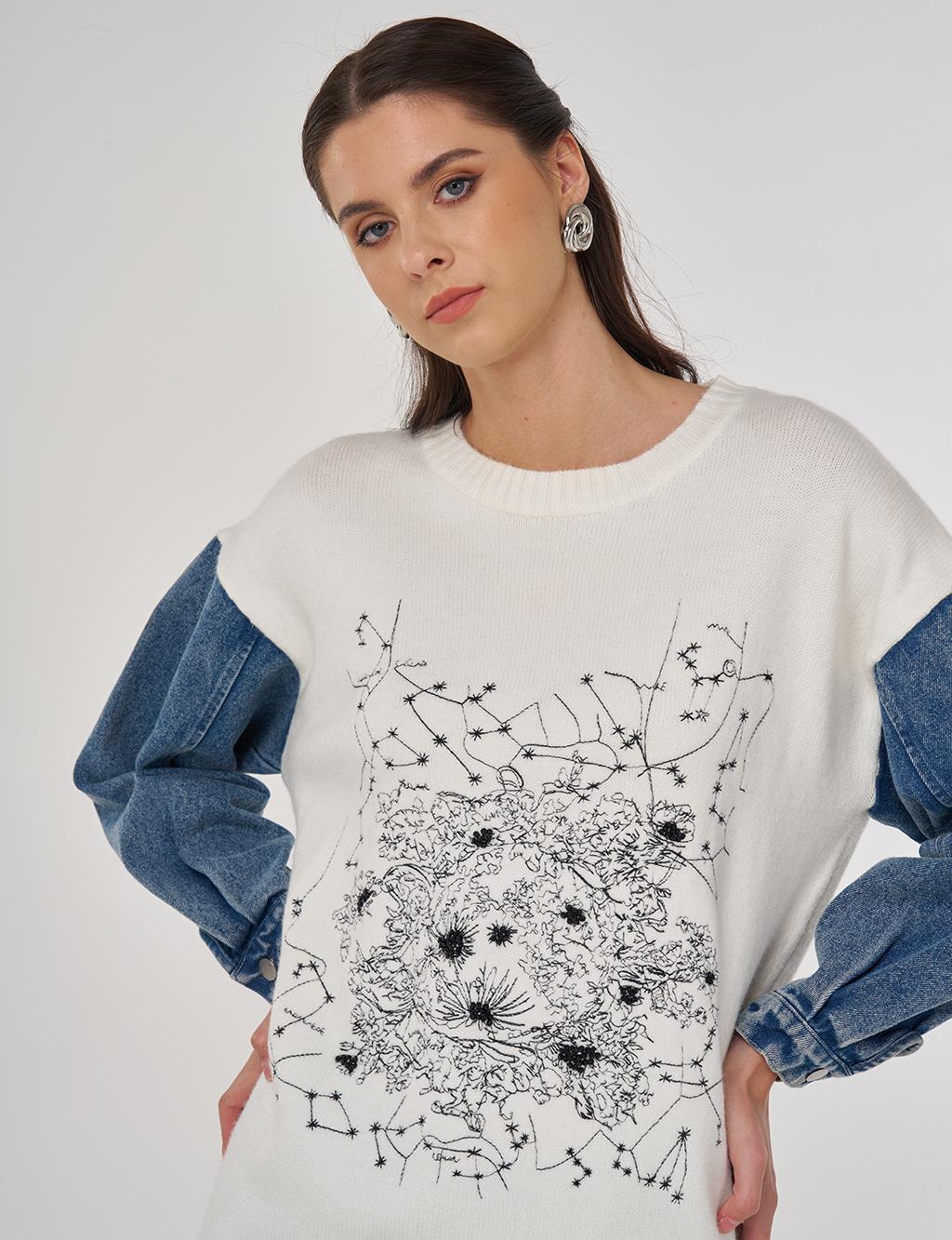 Denim Garnili Triko Tunik Ekru