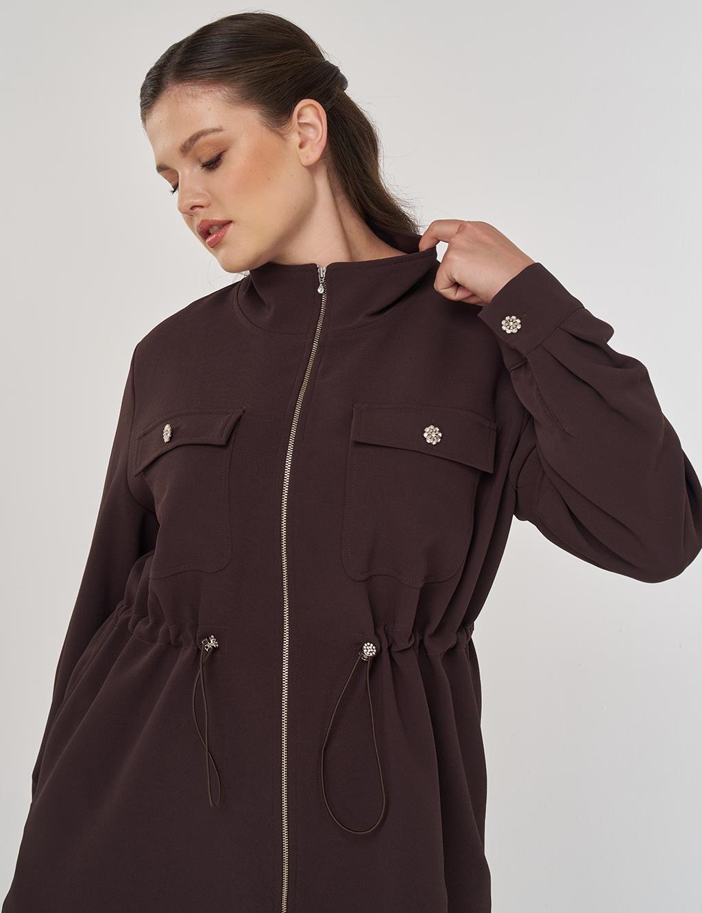 Elastic Waist Stand-Up Collar Jacket in Dark Brown