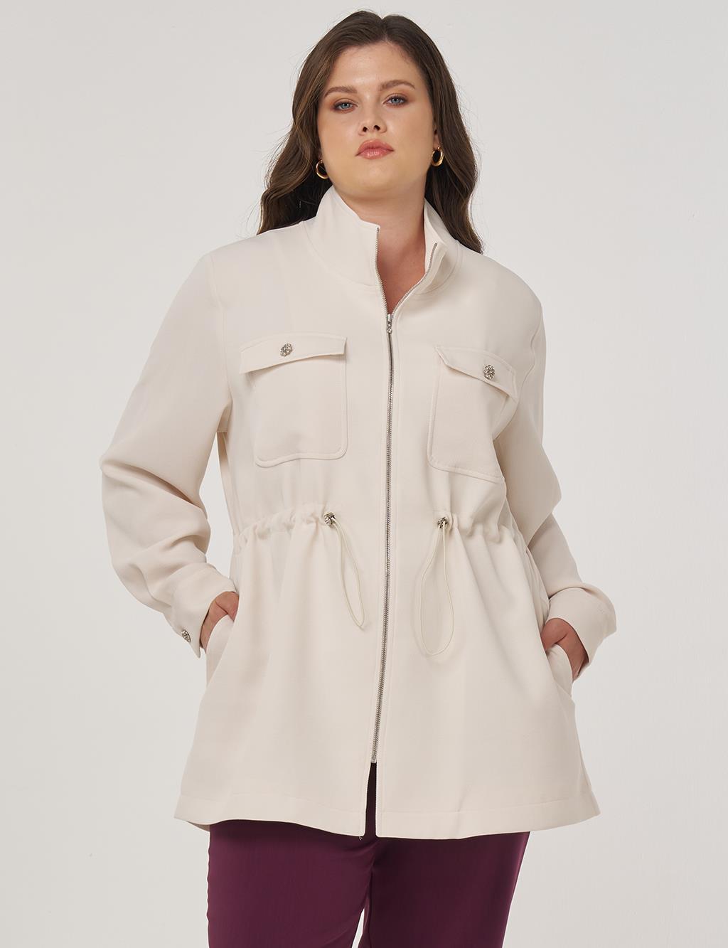 Elastic Waist Stand-Up Collar Jacket in Cream