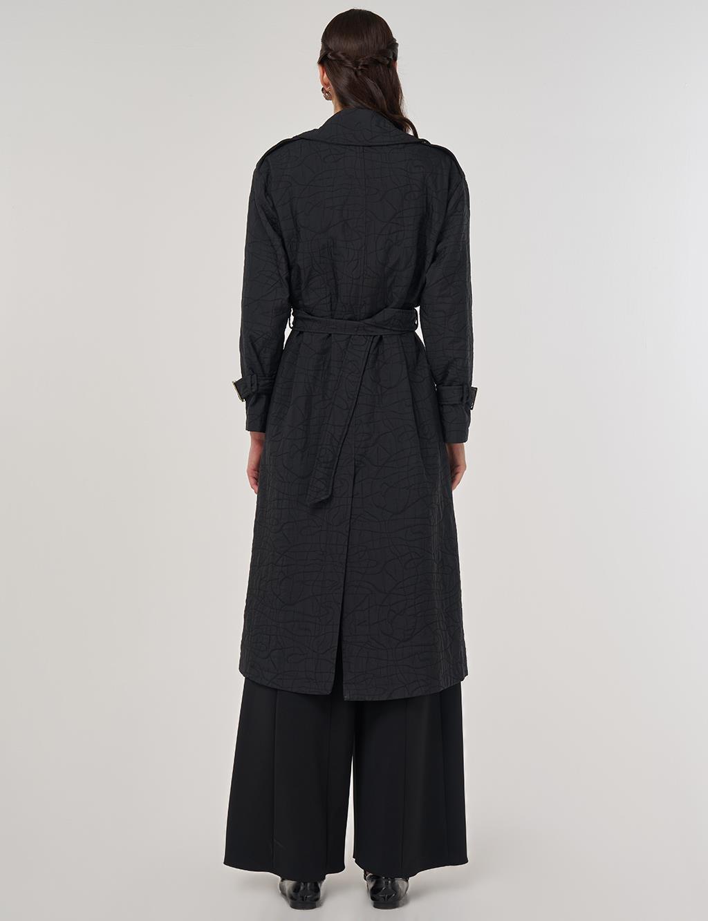 Embossed Epaulette Trench Coat in Black