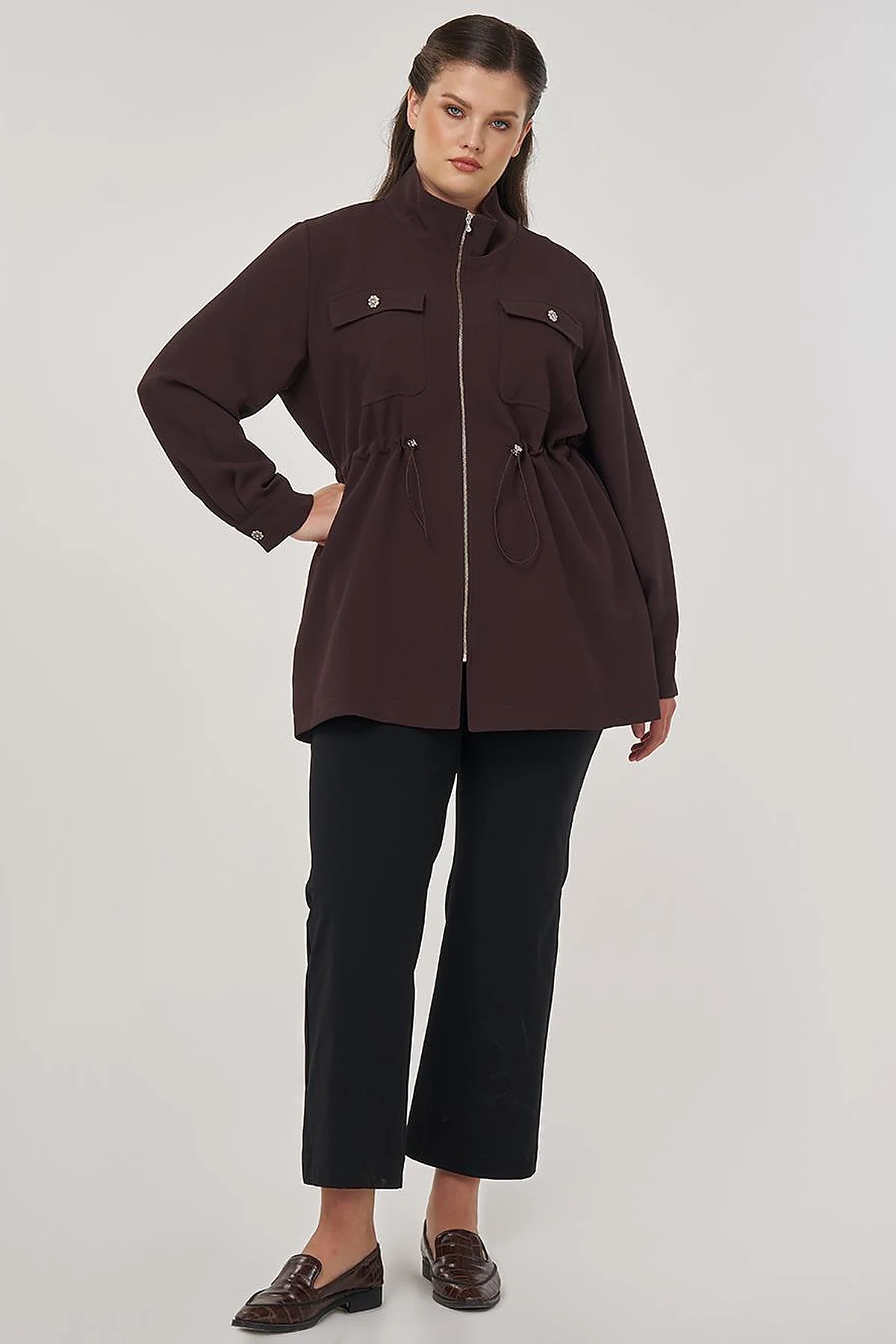 Elastic Waist Stand-Up Collar Jacket in Dark Brown