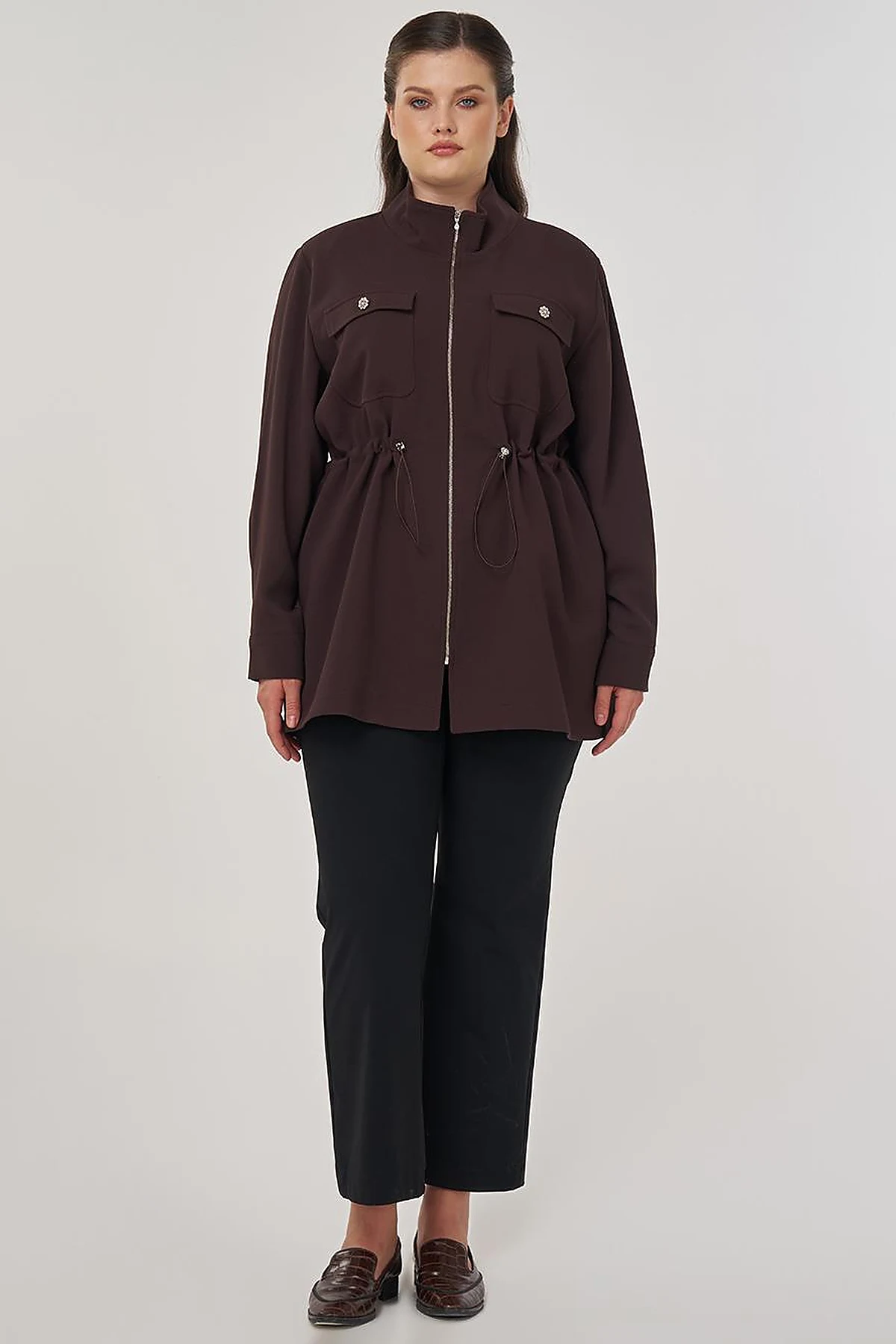 Elastic Waist Stand-Up Collar Jacket in Dark Brown