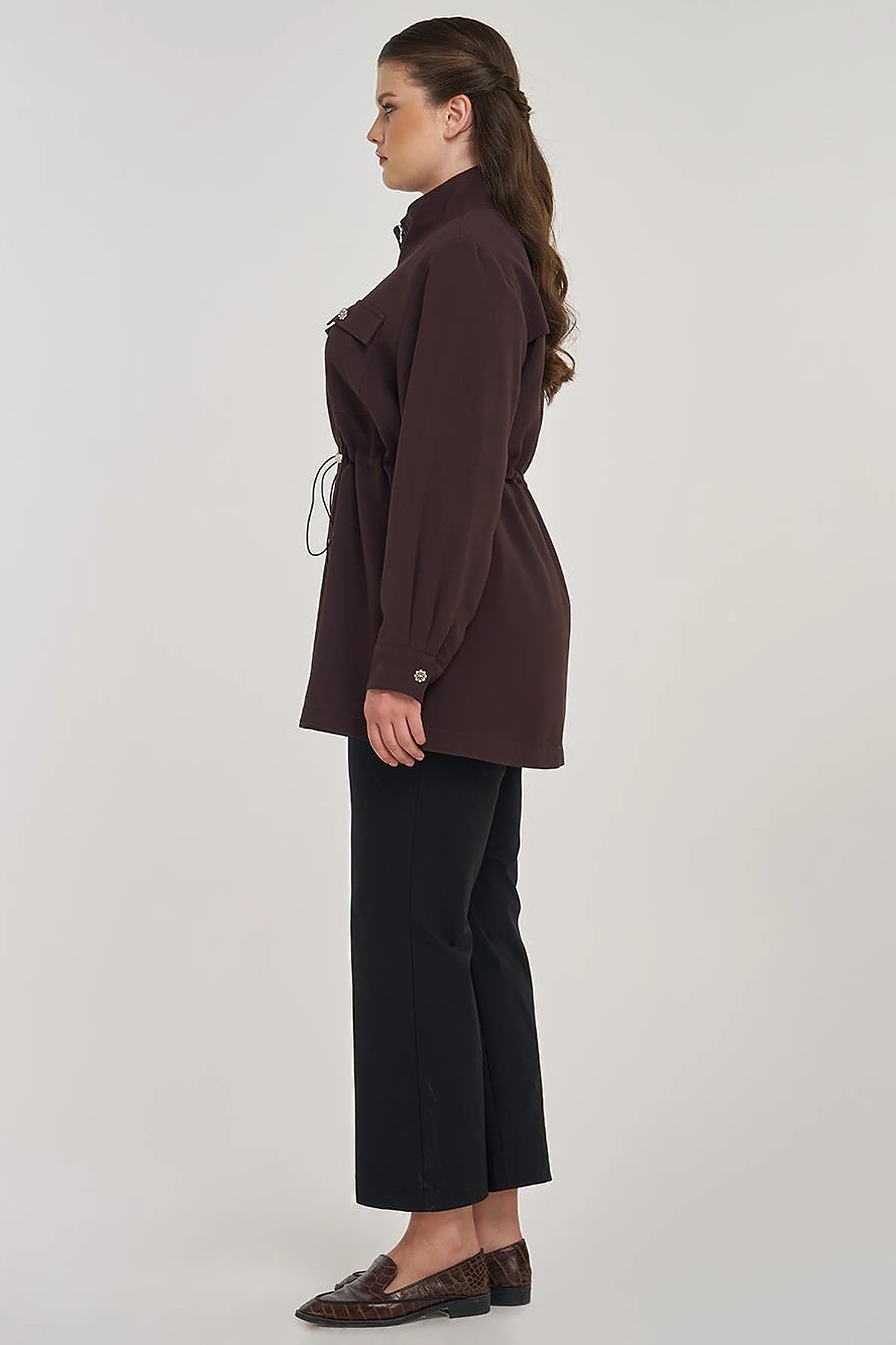 Elastic Waist Stand-Up Collar Jacket in Dark Brown