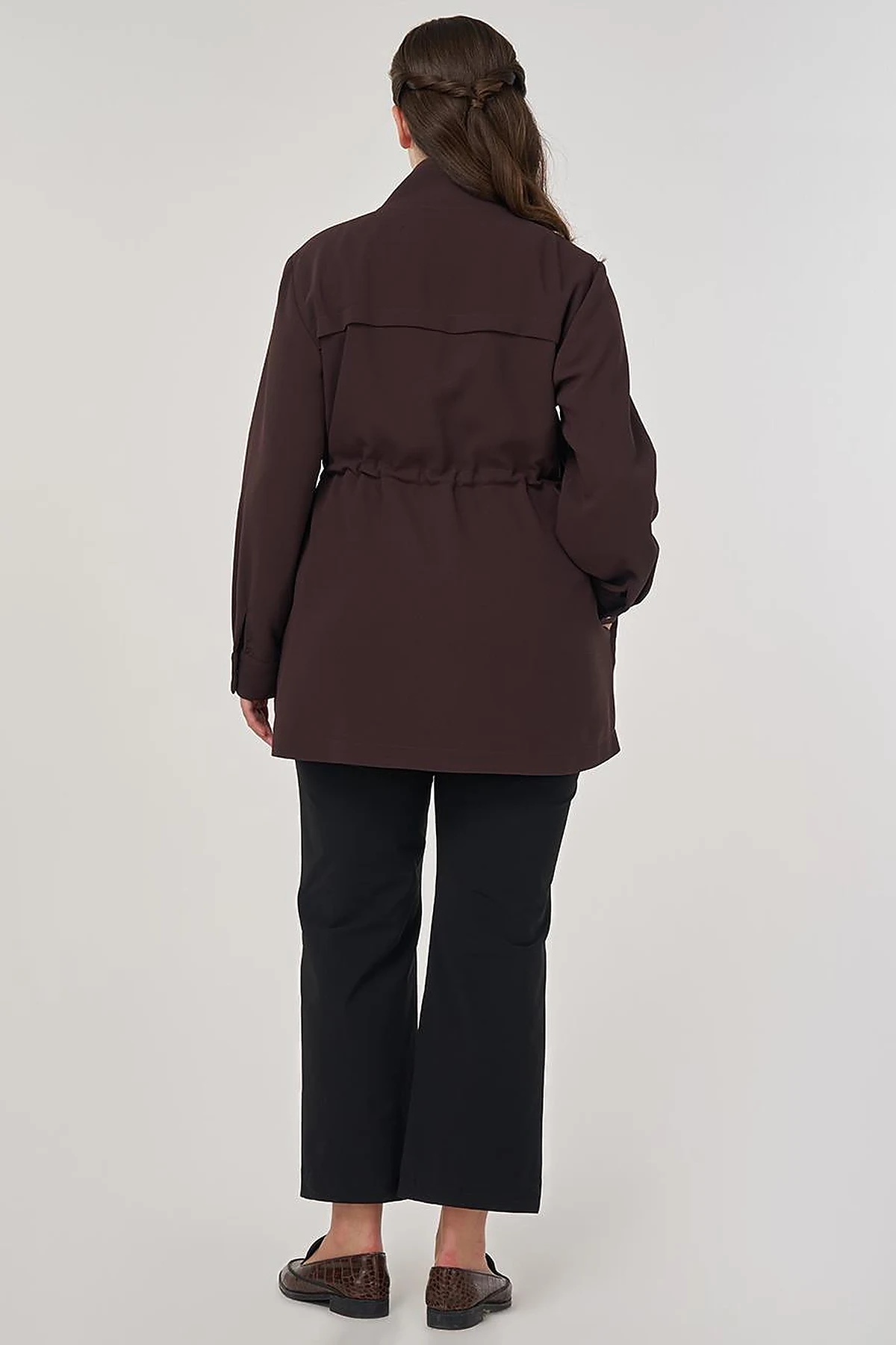 Elastic Waist Stand-Up Collar Jacket in Dark Brown