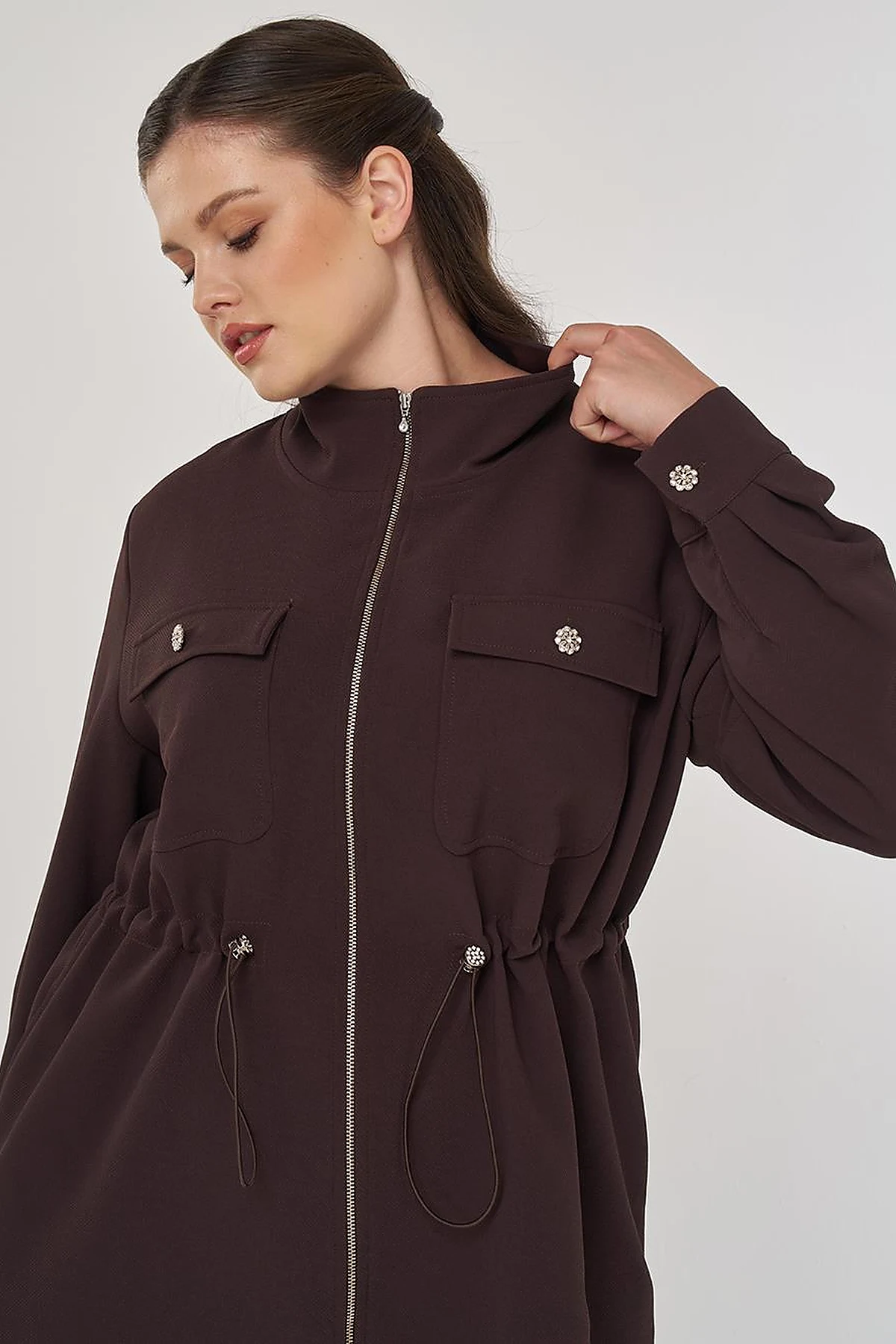 Elastic Waist Stand-Up Collar Jacket in Dark Brown